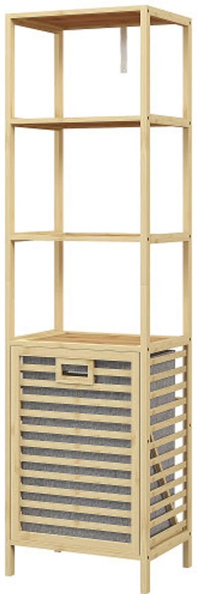 Opbergrek, badkamerrek, opbergrek, met 3 open planken en uitrekbare manden, geschikt voor badkamer en toilet, 44 x 33 x 160 cm, houtkleur, bamboe.
