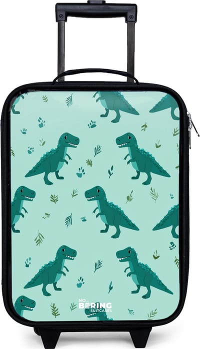 NoBoringSuitcases.com® - Kinderkoffer jongen - Kindertrolley meisje - Vriendelijke T. rex tussen sporen - Koffer kind lichtgewicht - Reiskoffer trolley voor kinderen - Koffertje met lichtgevende wieltjes - Rolkoffer zwart