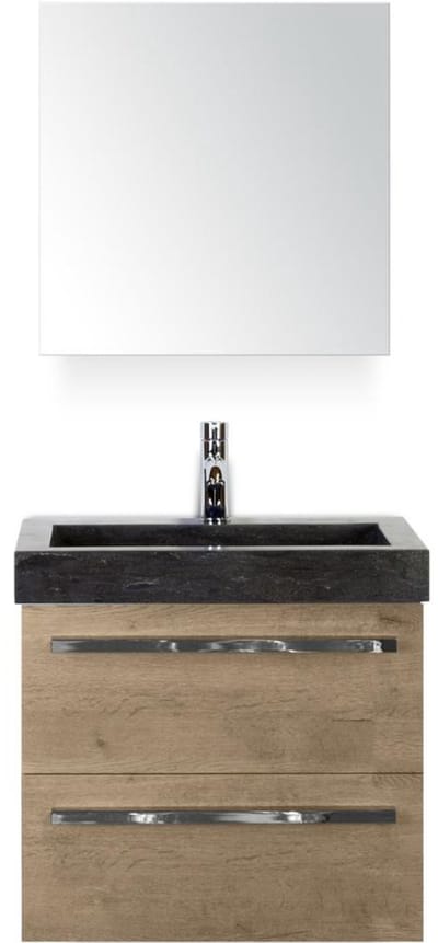 Seville Badmeubelset 60 cm - Natuur Eiken - Wastafel Hardsteen Wit Lucca met Spiegelkast