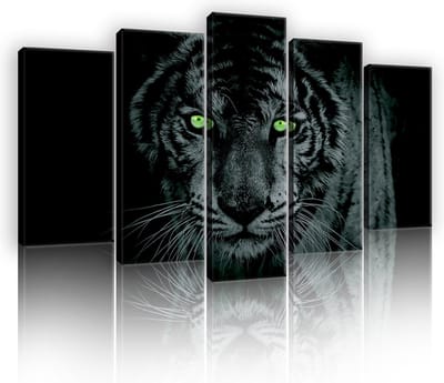 Canvas Schilderij - Tijger - Leeuw - Dieren - Kat - Wild - Roofdier - Donker - 100x60cm LxB - 5 Luiks - 5 Delen