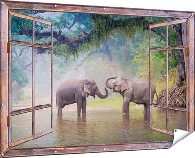 Gards Tuinposter Doorkijk Twee Olifanten in het Water - 180x120 cm - Tuindoek - Tuindecoratie - Wanddecoratie buiten - Tuinschilderij