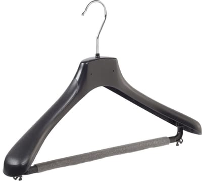De Kledinghanger Gigant - Mantelhanger - Kostuumhanger - Jassenhanger - Volwassenen - HZ42 - 50 Stuks - Kunststof - Zwart - Gebogen Model - Schouderverbreding 4,8 cm - Broeklat met Schuim - 42 cm - Kledinghanger - Kleerhanger - HZ-Serie