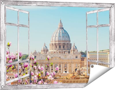 Gards Tuinposter Doorkijk Sint Pietersbasiliek in Rome met Bloemen - 90x60 cm - Tuindoek - Tuindecoratie - Wanddecoratie buiten - Tuinschilderij