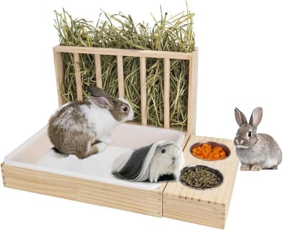 3-in-1 Hooier voor Konijnen met Kantenbak en 2 Kommen - Houten Voederbak voor Cavia's en Kleine Huisdieren - Massief Hout en Roestvrij Staal, 36,5x27x6,5 cm