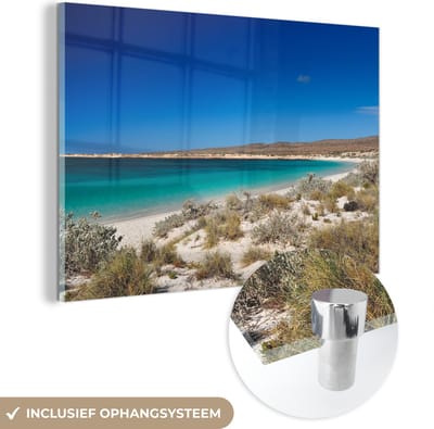 ® Glasschilderij 180x120 cm - Schilderij acrylglas - Parelwit strand en blauw water bij de Kust van Ningaloo - Foto op glas - Muurdecoratie woonkamer - Wanddecoratie slaapkamer - Schilderijen