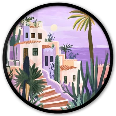 Poster in lijst Rond - Fotolijst 40x40 cm - Posters - Huizen - Minimalistisch - Palmbomen - Kust - Ronde posterlijst zwart - Decoratie - Wanddecoratie woonkamer - Muurdecoratie slaapkamer