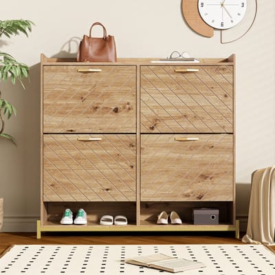 DESMIU Schoenenkast - 4 Kleps Houtlook Opbergkast - Smal Ontwerp Voor Hal En Gang - MDF - 108,5 x 24 x 100 cm - Houtkleur