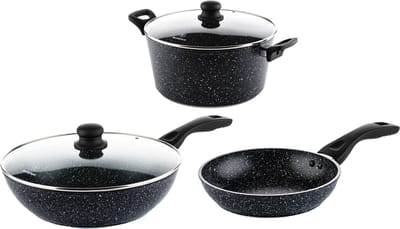 Westinghouse 3-delige Pannenset – Wokpan Ø 30 cm + Koekenpan Ø 30 cm + Braadpan Ø 28 cm – Inductie – PFOA-vrij – Black Marble