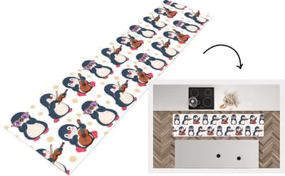 Keukenloper - Loper keuken - Pinguïn - Muziek - Gitaar - Kinderen - Patroon - 200x50 cm - Keukenloper vinyl