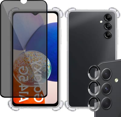 Hoesje geschikt voor Samsung A14 5G + Privé Screenprotector + Beschermglas Camera Lens - Privacy Tempered Glass - Case Transparant