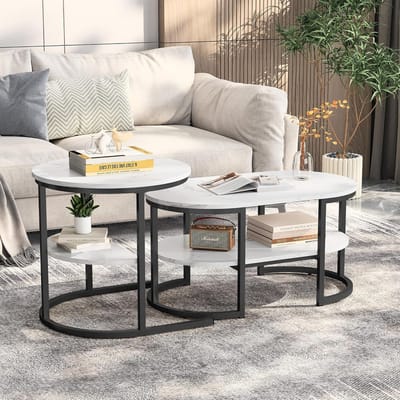 Set van 2 Nestelende Ovale Salontafels met Opbergruimte en Marmeren Look