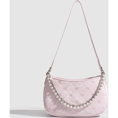 Roze Vlinder Baguette Dames Parel Metalen Ketting Diamant Ruit Onderarmtas Casual Schouder Crossbody Tas white