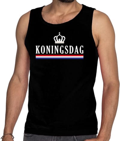 Zwart Koningsdag met vlag en kroon tanktop / mouwloos shirt - Singlet voor heren - Koningsdag kleding S