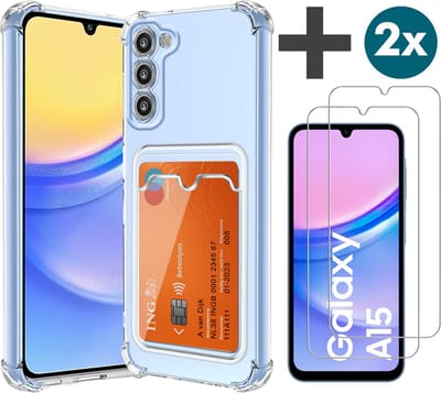 Hoesje met 2 Stuks Screenprotectors Geschikt voor Samsung A15 Hoesje Met Pashouder Siliconen Shockproof Case - Arara Backcover- Transparant