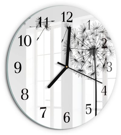 Tulup Wandklok - Paardebloem Wandklok Glas Decoratie - 30fi cm - Zwart-wit Gekleurde Glazen Klok - Zwarte Handen - Ronde Wandklok - Glazen Wandklok Design - Klok Glas Met Opdruk