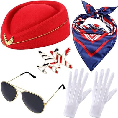 Dailygoods- Stewardess Kostuum Accessoires Set - Vrouwen Hoed - Zonnebril - Sjaal - Vlieghandschoenen - Geschikt voor Volwassenen en Tieners - Kostuumaccessoires
