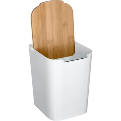 5Five prullenbak/vuilnisbak - 5 liter - bamboe - wit/lichtbruin - 24 x 19 cm - badkamer afvalbak