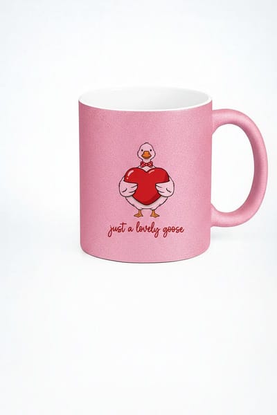 Roze Glitter Mok met Lieve Gans & Hart - 'Just a Lovely Goose' - Valentijn Cadeau Beker