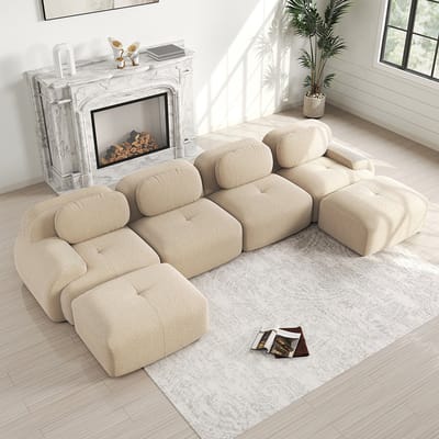 Pugsdrly Modulaire U-vormige bank zonder montage, ademend corduroy, zeer elastische 32D-vulling, extra brede armleuningen, geschikt voor huisdieren en ergonomisch voor de woonkamer en slaapkamer, beige