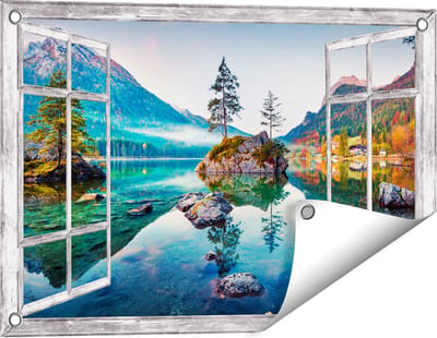 Gards Tuinposter Doorkijk Meer in de Bergen tijdens de Herfst - 60x40 cm - Tuindoek - Tuindecoratie - Wanddecoratie buiten - Tuinschilderij