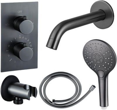 FugaFlow Eccelente Acces Badkraan set - uitloop - 22cm inkortbaar - metalen slang - ronde handdouche - inbouwdeel - wandhouder - geborsteld gunmetal PVD