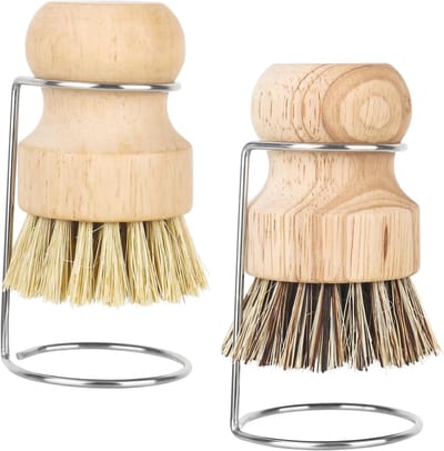 Set van 2 bamboe palmborstels met 2 afvoerrekken, houten afwasborstel schrobbenborstel voor afwaspotten, pannen, gootsteenreiniging voor afwassen, potten, pannen en gootsteen