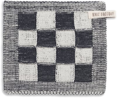 Knit Factory Gebreide Pannenlap Block - Pannenlappen gemaakt van 50% katoen & 50% acryl - Blokken motief - Traditionele look - 1 stuk - Ecru/Antraciet - Grijs - 23x23 cm