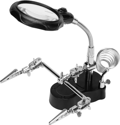 Derde Hand Standaard - Hulpende Hand Werkstation - Hobby Reparatie - Vergrootglas en LED - 3.5x/12x Vergroting - Zwart