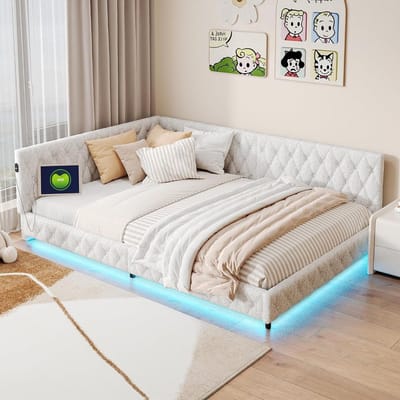 Gevoerde Slaapbank - Bankbed Kinderbed - Comfortabel Ontspannen - Met LED en USB - 140 x 200 cm - Beige