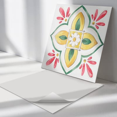 Wallfluent Vinyl Tegels - Bloemenpatroon in Een Lijst Wand PVC Tegels - 30 cm x 30 cm - Geel Vinyl Tegels - Set van 9 - Vierkant PVC Tegels - Bloemen en Planten Plaktegels - Vinyl Tegels Zelfklevend - Plaktegels Keuken en Badkamer