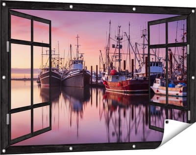 Gards Tuinposter Doorkijk Schepen in de Haven - Boten - 120x80 cm - Tuindoek - Tuindecoratie - Wanddecoratie buiten - Tuinschilderij