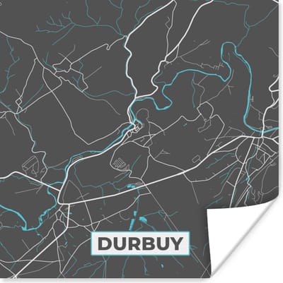 Poster Kaart – Plattegrond – Stadskaart – Durbuy – België - Grijs - 100x100 cm XXL