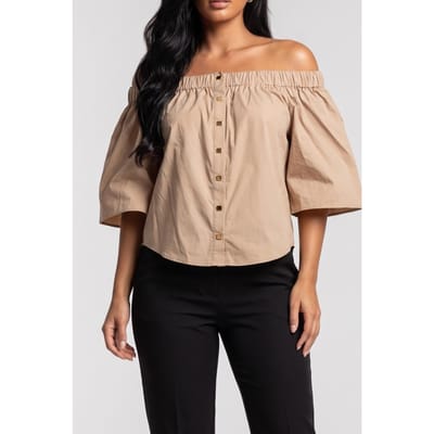 GUESS Pat Off Shoulder Top Natural Almond Größe: 36 | Blusen Outlet | Damen | Braun