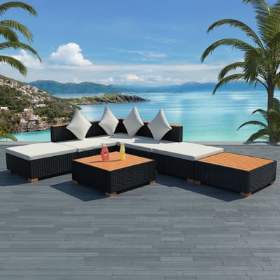 vidaXL - 7-delige - Loungeset - met - kussens - poly - rattan - zwart
