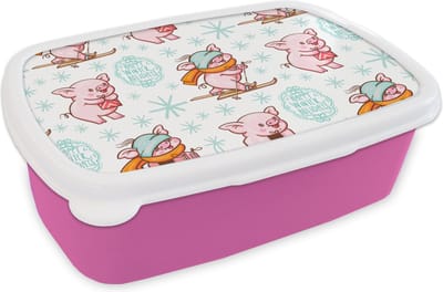 Broodtrommel Roze - Lunchbox - Brooddoos - Winter - Varkens - Sneeuw - Patroon - Skiën - 18x12x6 cm - Kinderen - Meisje
