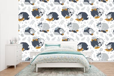 Behang - Fotobehang Patroon - Kinderen - Jongens - Dieren - Slapen - Breedte 385 cm x hoogte 240 cm