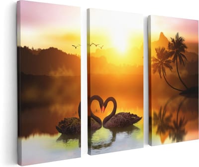 Artaza Canvas Schilderij Drieluik Twee Zwarte Zwanen in een Hart Vorm - 120x80 cm - Wanddecoratie Woonkamer - Schilderijen - Muurdecoratie