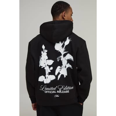 Oversized Hoodie Met Man-opschrift En Bloemenprint Voor Heren | Black | Size Medium