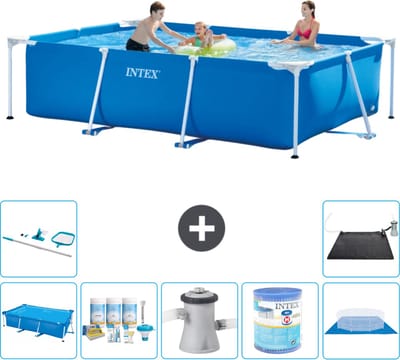 Intex Rechthoekig Frame Zwembad - 300 x 200 x 75 cm - Blauw - Inclusief Solarzeil - Onderhoudspakket - Zwembadfilterpomp - Filter - Grondzeil - Schoonmaakset - Solar Mat - 8-delig