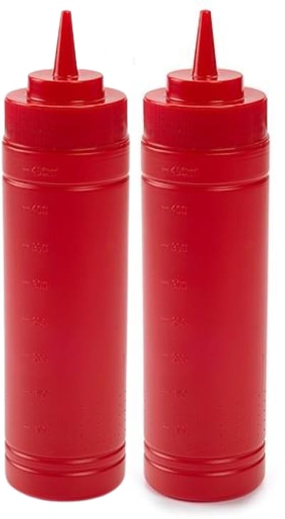 PlasticForte Doseerfles/sausfles - 2x stuks - kunststof - rood - met schenktuit - 500 ml - 23 cm