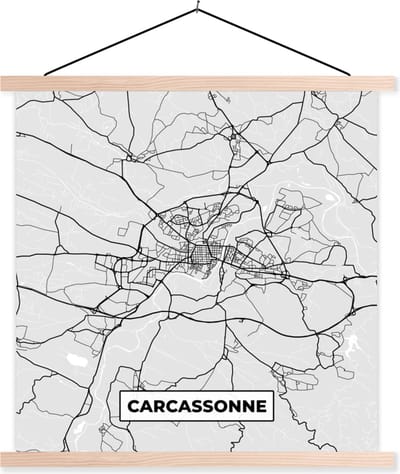 Posterhanger incl. Poster 40x40 cm - Schoolplaat - Frankrijk - Carcassonne - Stadskaart - Plattegrond - Kaart - Textielposter - Blanke latten - Stadskaart