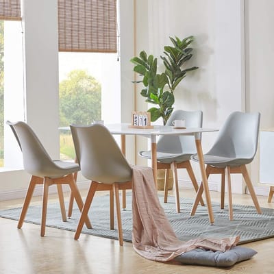 Eetkamerset 110x70x75 cm Rechthoekige Eettafel met 4 Ergonomische Eetkamerstoelen – Moderne Keuken- en Woonkamer Dining Set – Wit Tafelblad + Grijze Stoelen – Vermissen
