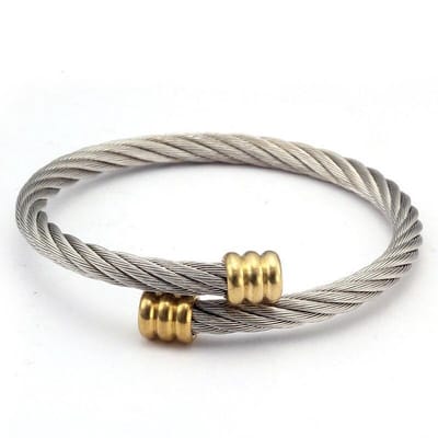 Kabel Armband van Gedraaid Staal met Goud kleurige Accenten - Armbanden Heren Dames - Papa Cadeau Voor Mannen - Vaderdag