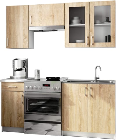 Complete Keuken, Keukenmeubelset met Verkblad LIMA H720 180 cm breed met Vitrinekast / Keukeneenheid zonder apparatuur / Wit – Sonoma Eik / 180 x 203 x 44,5 cm