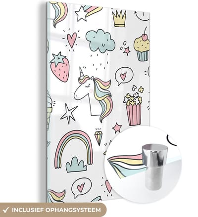 MuchoWow® Glasschilderij 40x60 cm - Schilderij acrylglas - Patronen - Eenhoorn - Kinderen - Meisjes - Regenboog - Pastel - Foto op glas - Schilderijen