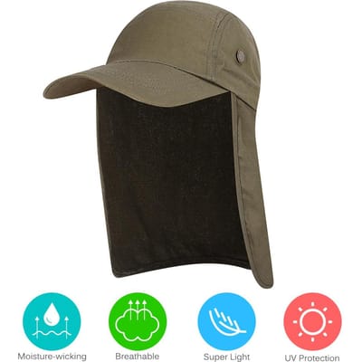 Casquette de soleil pour homme UPF 50+ à large bord pour la pêche avec protection pour le cou vert d’armée