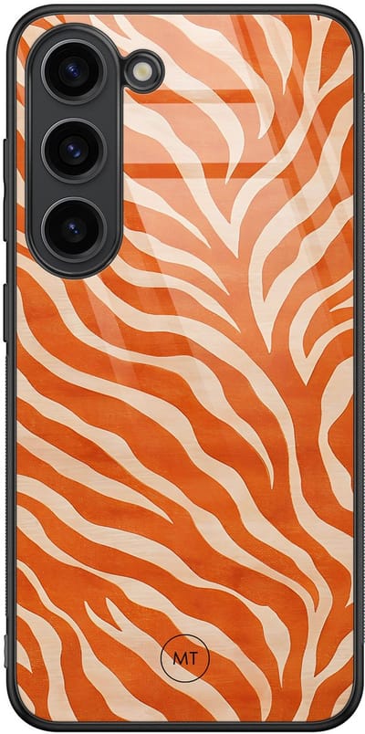 Hoesje geschikt voor Samsung Galaxy S23 - Zebra oranje - Hard Case Zwart Back Cover - Print - Oranje - Mooie Telefoonhoesjes