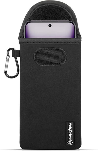 MobyDefend Hoesje - Geschikt voor Oppo Reno12 - Neopreen Pouch Met Karabijnhaak - Insteek - Riemlus - Zwart