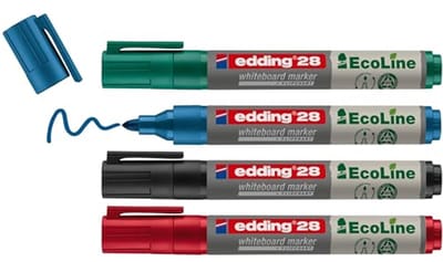 Eco-vriendelijke whiteboardmarker set - zwart, rood, blauw, groen - 4 uitwisbare stiften - ronde punt 1,5 - 3 mm - navulbaar - ideaal voor whiteboard en flipchart