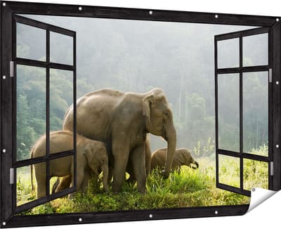 Gards Tuinposter Doorkijk Olifanten Familie in de Jungle - Olifant - 180x120 cm - Tuindoek - Tuindecoratie - Wanddecoratie buiten - Tuinschilderij